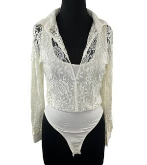 VINTAGE Anxiety Ivory Floral Lace Snap Up Long Sleeve Blouse Bodysuit Top VTG M